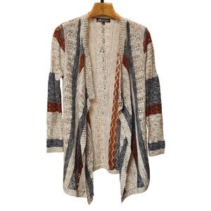 Absolutely Famous Womens Open Cardigan Sweater Knit Tan Blue Rust Striped L Boho